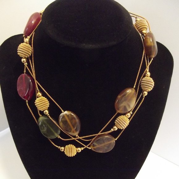 Extra LONG Gold Tone Chain Necklace Amber Cranberry & Green Tones with Gold - Picture 3 of 9